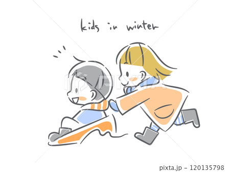 そり遊びを楽しむ子どもたち　カラフルでかわいい水彩風イラスト 120135798
