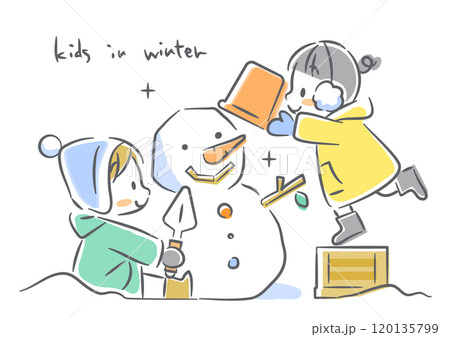 雪だるま作りを楽しむ子どもたち　カラフルでかわいい水彩風イラスト 120135799