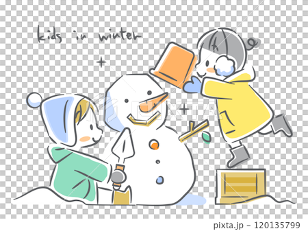 雪だるま作りを楽しむ子どもたち　カラフルでかわいい水彩風イラスト 120135799