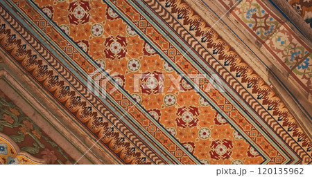 Jaipur, Rajasthan, India. Patrika Gate at Jawahar Circle. Interior inside, many Colorful ornament patterns on old walls. old Pink city. Celling in ornament Jaipur, Rajasthan, India. Patrika Gate at Jawahar Circle. Interior inside, many Colorful ornament patterns on old walls. old Pink city. Celling in ornament 120135962