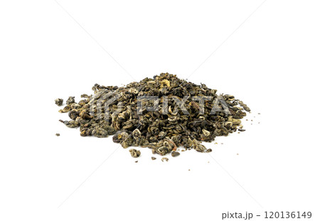 Yunnan Bi Luo Chun green tea leaves balls isolated, dry fresh herbal tea pile, healthy drink ingredient 120136149