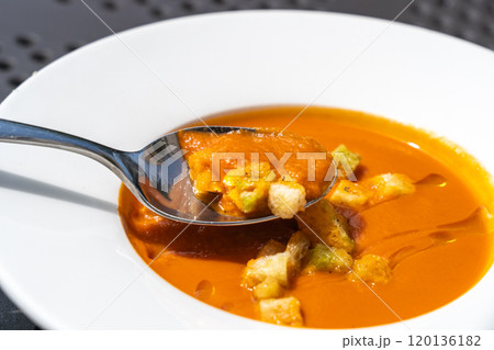 Creamy tomato soup or bisque with croutons, delicious rich smooth texture, perfect healthy lunch 120136182