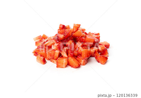 Strawberry pieces isolated, red berry cut set, fresh strawberries slices, summer food ingredient 120136339