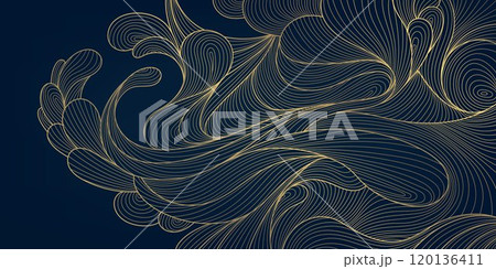 Vector line gold wave pattern, japanese art texture, organic shape banner. Vintage ornament poster, luxury wallpaper, sea nature curve illustration 120136411