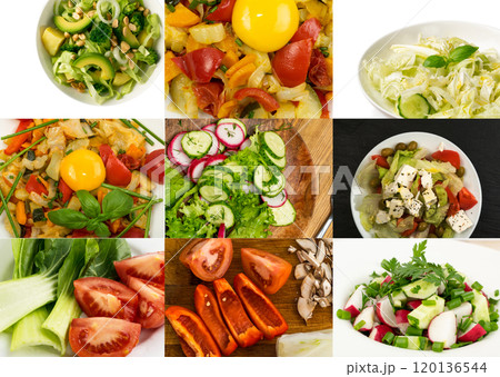 Salad collage mix, restaurant menu with various salats collection, different healthy food, diet set Salad collage mix, restaurant menu with various salats collection, different healthy food, diet set 120136544