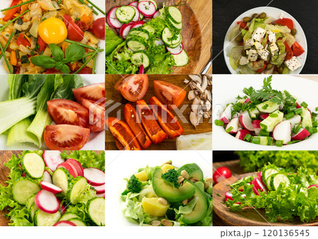 Salad collage mix, restaurant menu with various salats collection, different healthy food, diet set Salad collage mix, restaurant menu with various salats collection, different healthy food, diet set 120136545