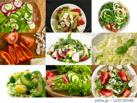 Salad collage mix, restaurant menu with various salats collection, different healthy food, diet set Salad collage mix, restaurant menu with various salats collection, different healthy food, diet set 120136546