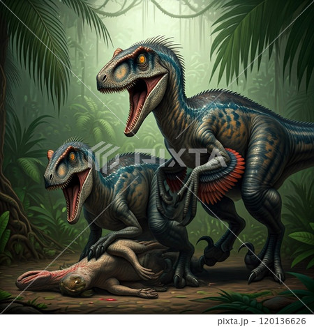 Dinosaurus rex with prehistoric landscape. Ai generated. 120136626