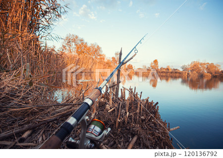 Close-up of fishing rod. Fishing on the shore of the lake. Spinning rods for sport fishing. 120136792