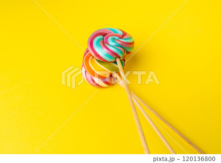 Color lollipop, spiral candy on stick, colorful striped lollypop, round fruit caramel, circle lollipop Color lollipop, spiral candy on stick, colorful striped lollypop, round fruit caramel, circle lollipop 120136800