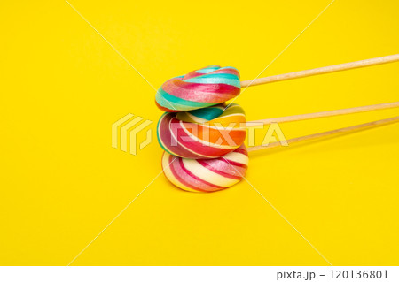 Color lollipop, spiral candy on stick, colorful striped lollypop, round fruit caramel, circle lollipop Color lollipop, spiral candy on stick, colorful striped lollypop, round fruit caramel, circle lollipop 120136801