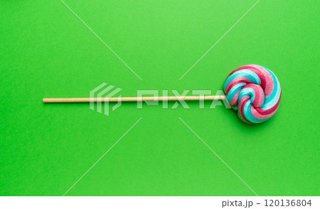 Color lollipop, spiral candy on stick, colorful striped lollypop, round fruit caramel, circle lollipop 120136804