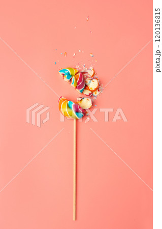 Broken color lollipop, spiral candy on stick, colorful striped lollypop, round fruit caramel, circle lollipop Broken color lollipop, spiral candy on stick, colorful striped lollypop, round fruit caramel, circle lollipop 120136815