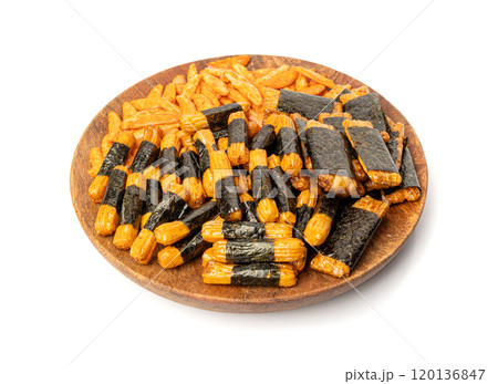 Senbei isolated, kaki no tane rice crackers, japanese crispy snack, sembei, okaki with wasabi, nori 120136847