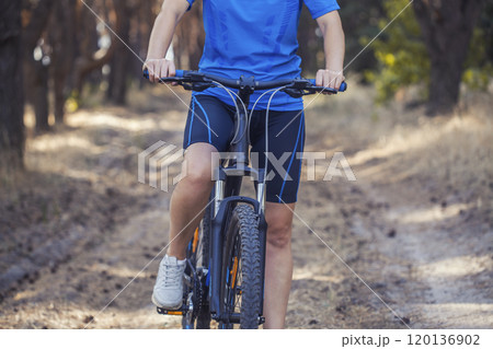woman cyclist rides in the pine forest on a mountain bike. 120136902