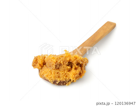 Miso paste isolated. Japanese shiro miso seasoning sauce, fermented soybean spread, brown soy cream 120136947