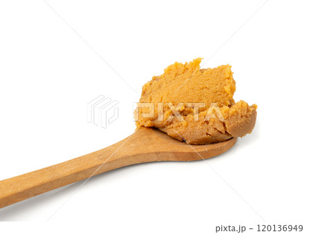 Miso paste isolated. Japanese shiro miso seasoning sauce, fermented soybean spread, brown soy cream Miso paste isolated. Japanese shiro miso seasoning sauce, fermented soybean spread, brown soy cream 120136949
