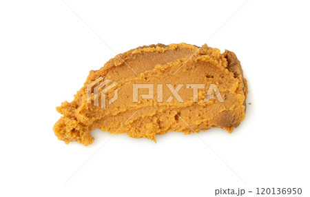 Miso paste isolated. Japanese shiro miso seasoning sauce, fermented soybean spread, brown soy cream 120136950