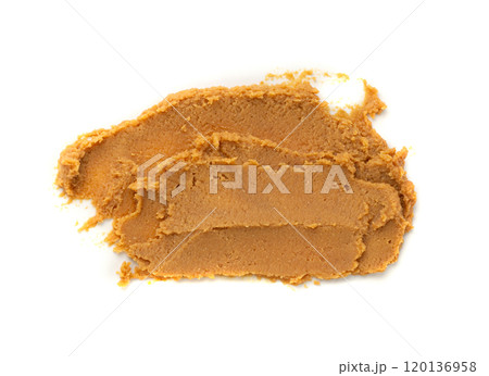Miso paste isolated. Japanese shiro miso seasoning sauce, fermented soybean spread, brown soy cream 120136958