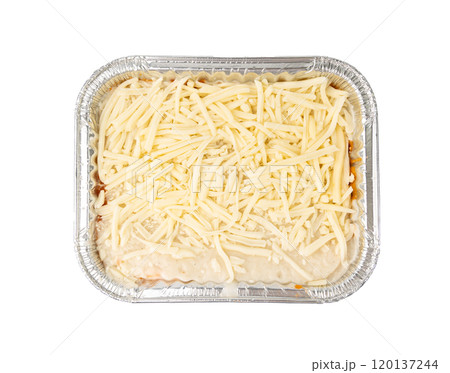 Lasagna portion in aluminium foil tray isolated. Oven baked lasagne for heating, container, airplane food Lasagna portion in aluminium foil tray isolated. Oven baked lasagne for heating, container, airplane food 120137244