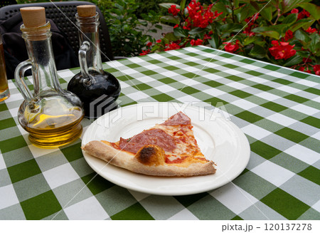 Pepperoni Pizza on Restaurant Plate, Salami Pizza with Olives, Tomatoes and Mozzarella Cheese 120137278