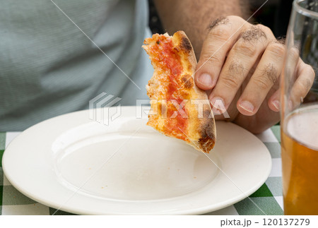 Pepperoni Pizza on Restaurant Plate, Salami Pizza with Olives, Tomatoes and Mozzarella Cheese 120137279