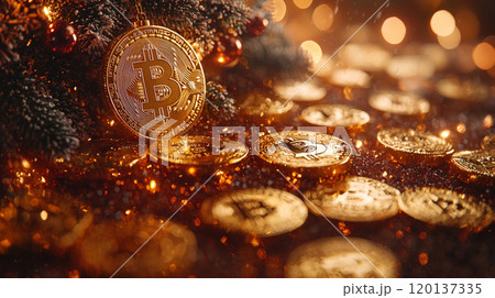 Golden Bitcoin-Decorated Christmas Tree in Bright Studio Setting. Generative AI 120137335