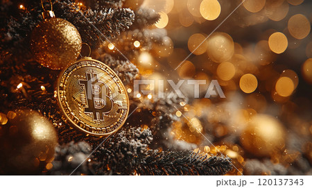 Golden Bitcoin-Decorated Christmas Tree in Bright Studio Setting. Generative AI 120137343