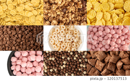 Breakfast cereal balls mix texture background, crunchy corn cereals collage, color crispy corn balls pattern 120137513