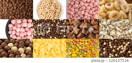 Breakfast cereal balls mix texture background, crunchy corn cereals collage, color crispy corn balls pattern 120137516