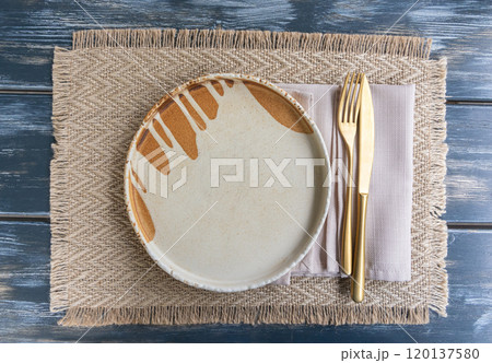 Restaurant Plate Mockup, Rustic Table Setting With White Plate and Napkin Restaurant Plate Mockup, Rustic Table Setting With White Plate and Napkin 120137580