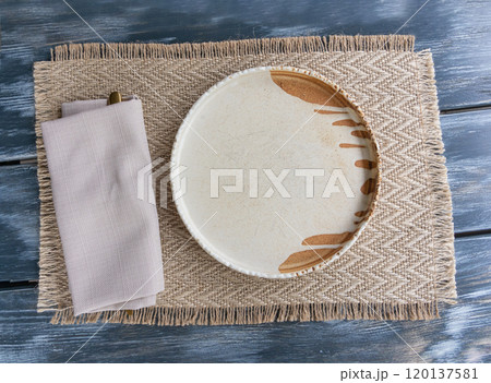 Restaurant Plate Mockup, Rustic Table Setting With White Plate and Napkin 120137581