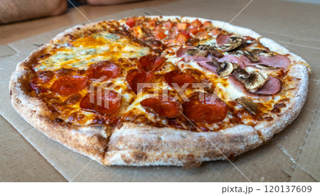 Four Seasons Pizza, Quattro Stagioni with 4 Types of Toppings with Salami, Tomato, Mushrooms,Meat Four Seasons Pizza, Quattro Stagioni with 4 Types of Toppings with Salami, Tomato, Mushrooms,Meat 120137609