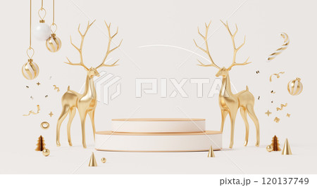 3D render, Merry Christmas holiday background with empty stage podium decorated with golden ball, reindeer and confetti for banner. 120137749