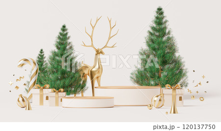 3D render, Christmas banner background with display podium decorated with Christmas tree, gift boxes and reindeer on pastel scene. 120137750