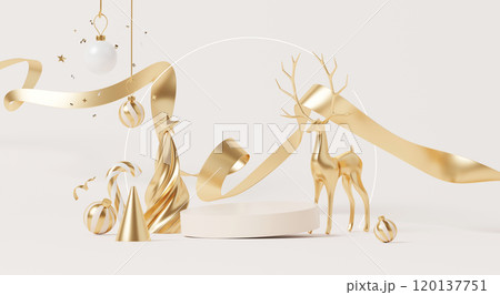 3D render, Merry Christmas with empty stage podium for product showing with ornament element golden ribbon, candy cane, ball and reindeer on pastel background. 3D render, Merry Christmas with empty stage podium for product showing with ornament element golden ribbon, candy cane, ball and reindeer on pastel background. 120137751