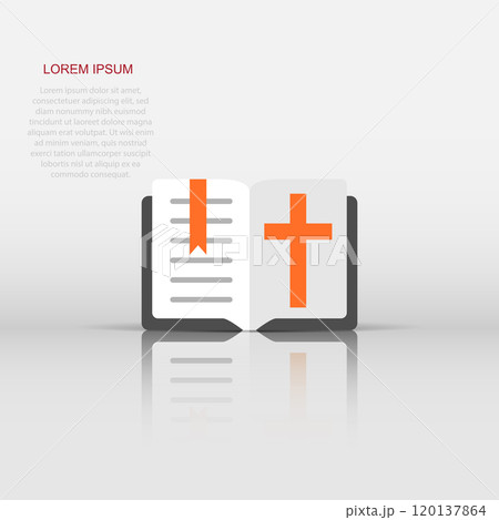 Bible book icon in flat style. Church faith vector illustration on white isolated background. Spirituality business concept. 120137864