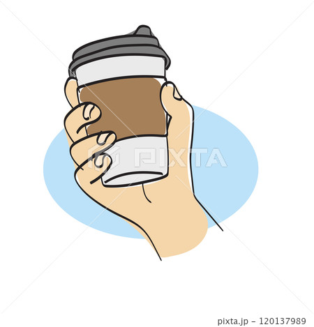 closeup hand holding disposable coffee cup illustration vector hand drawn isolated on white background 120137989