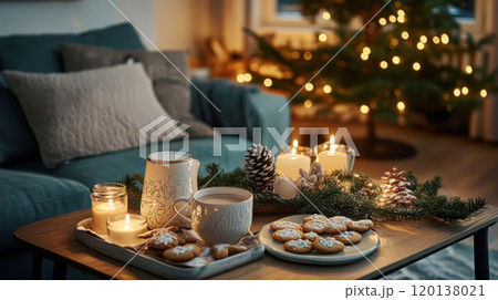 Cozy christmas coffee table with festive cookies and candlelight decorations 120138021