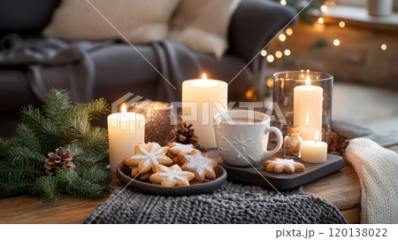 Cozy christmas decor with festive cookies and warm candlelight for holiday ambiance 120138022