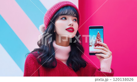Model showcasing ar-enabled christmas card with modern holiday design for digital season's greetings 120138026