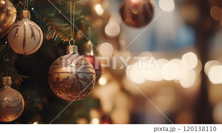 Close-up of festive market decorations with ornate christmas tree ornaments for holiday design 120138110