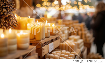 Handcrafted candles on display at festive holiday market for christmas decor ideas 120138112
