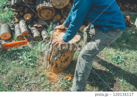 チェンソーで薪づくり チェンソーで薪づくり 120138117