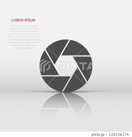 Camera diaphragm icon in flat style. Lens sign vector illustration on white isolated background. Photo snapshot business concept. Camera diaphragm icon in flat style. Lens sign vector illustration on white isolated background. Photo snapshot business concept. 120138174
