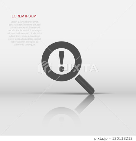 Risk analysis icon in flat style. Exclamation magnifier vector illustration on white isolated background. Attention business concept. Risk analysis icon in flat style. Exclamation magnifier vector illustration on white isolated background. Attention business concept. 120138212