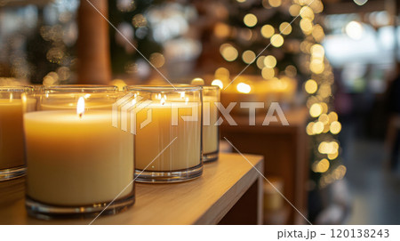 Elegant handcrafted candles on display for holiday celebrations 120138243