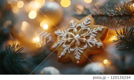 Festive gingerbread cookie with intricate icing for christmas decor and celebration 120138294