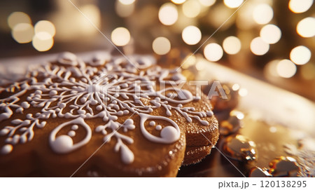 Festive gingerbread cookie with intricate decorative icing for holiday celebrations 120138295