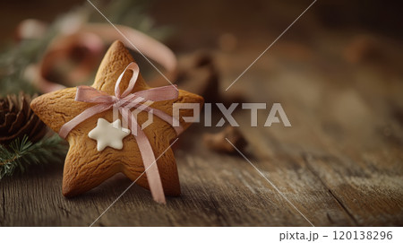 Festive gingerbread star with ribbon for holiday decor and baking inspiration 120138296